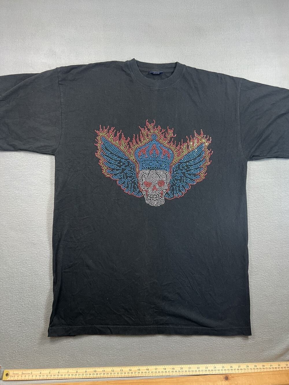 Deluxe Black Rhinestone Winged Skull Crown Graphic T-Shirt Men's Size XL